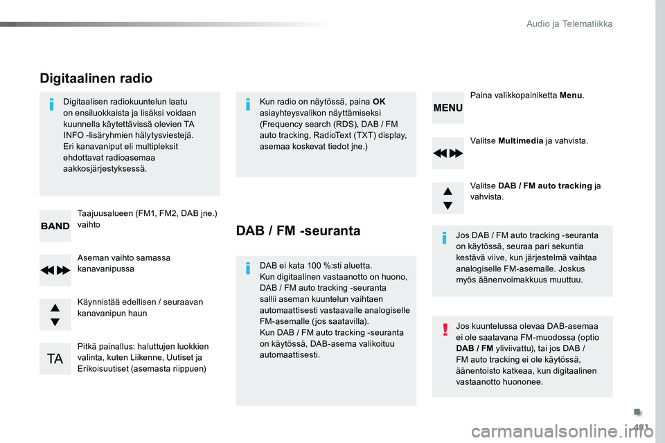 TOYOTA PROACE VERSO 2018  Omistajan Käsikirja (in Finnish) 481
ProaceVerso_fi_Chap10d_RD6_ed01-2016
Valitse Multimedia ja vahvista.
Valitse DAB / FM auto tracking ja vahvista.
Pitkä painallus: haluttujen luokkien valinta, kuten Liikenne, Uutiset ja Erikoisuu