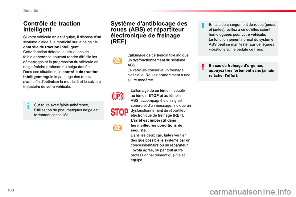 TOYOTA PROACE VERSO 2018  Notices Demploi (in French) 160
Système d'antiblocage des 
roues (ABS) et répartiteur 
électronique de freinage 
(REF)
En cas de freinage d'urgence, appuyez très for tement sans jamais relâcher l'effort.
En cas 