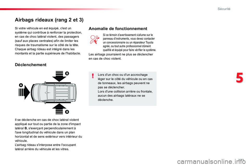 TOYOTA PROACE VERSO 2018 Notices Demploi (in French) 171
Si votre véhicule en est équipé, c'est un système qui contribue à renforcer la protection, en cas de choc latéral violent, des passagers (sauf aux places centrales) afin de limiter les r TOYOTA PROACE VERSO 2018 Notices Demploi (in French) 171
Si votre véhicule en est équipé, c'est un système qui contribue à renforcer la protection, en cas de choc latéral violent, des passagers (sauf aux places centrales) afin de limiter les r