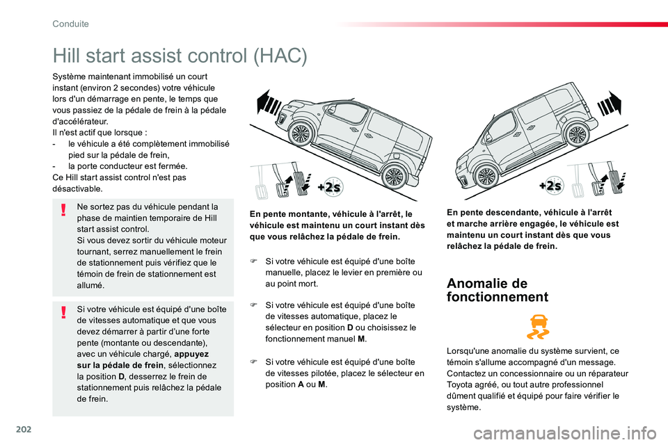 TOYOTA PROACE VERSO 2018 Notices Demploi (in French) 202
Hill start assist control (HAC)
Système maintenant immobilisé un court instant (environ 2 secondes) votre véhicule lors d'un démarrage en pente, le temps que vous passiez de la pédale de TOYOTA PROACE VERSO 2018 Notices Demploi (in French) 202
Hill start assist control (HAC)
Système maintenant immobilisé un court instant (environ 2 secondes) votre véhicule lors d'un démarrage en pente, le temps que vous passiez de la pédale de