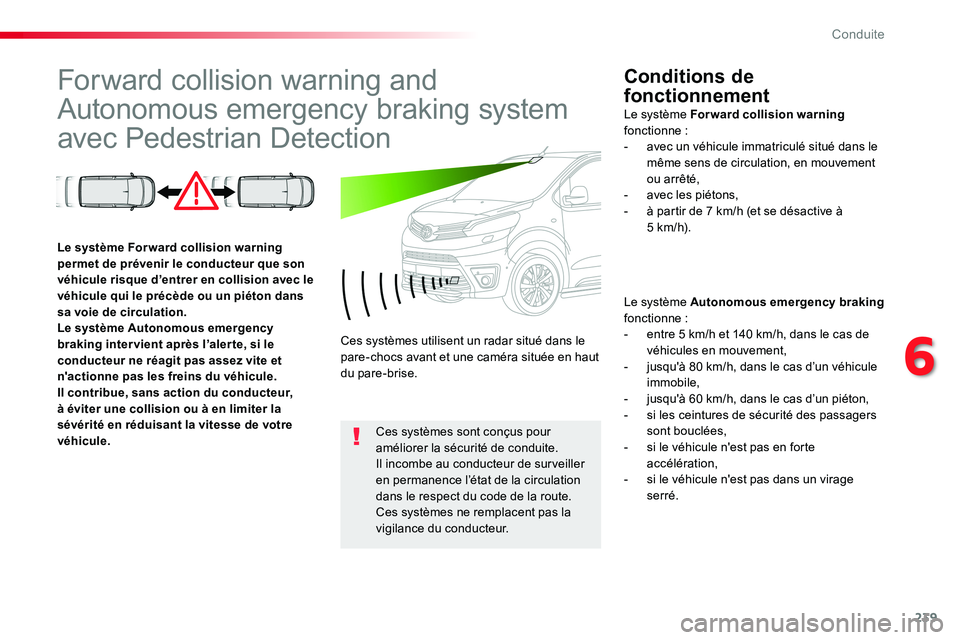 TOYOTA PROACE VERSO 2018 Notices Demploi (in French) 239
Forward collision warning and
Autonomous emergency braking system
avec Pedestrian Detection
Conditions de
fonctionnement
Le système Autonomous emergency braking fonctionne :- entre 5 km/h et 1 TOYOTA PROACE VERSO 2018 Notices Demploi (in French) 239
Forward collision warning and
Autonomous emergency braking system
avec Pedestrian Detection
Conditions de
fonctionnement
Le système Autonomous emergency braking fonctionne :- entre 5 km/h et 1