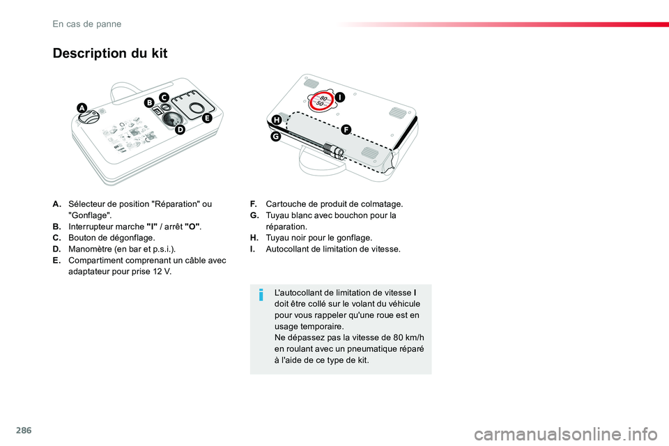 TOYOTA PROACE VERSO 2018  Notices Demploi (in French) 286
A. Sélecteur de position "Réparation" ou "Gonflage".B.  Interrupteur marche "I" / arrêt "O".C.  Bouton de dégonflage.D.  Manomètre (en bar et p.s.i.).E.  Compa