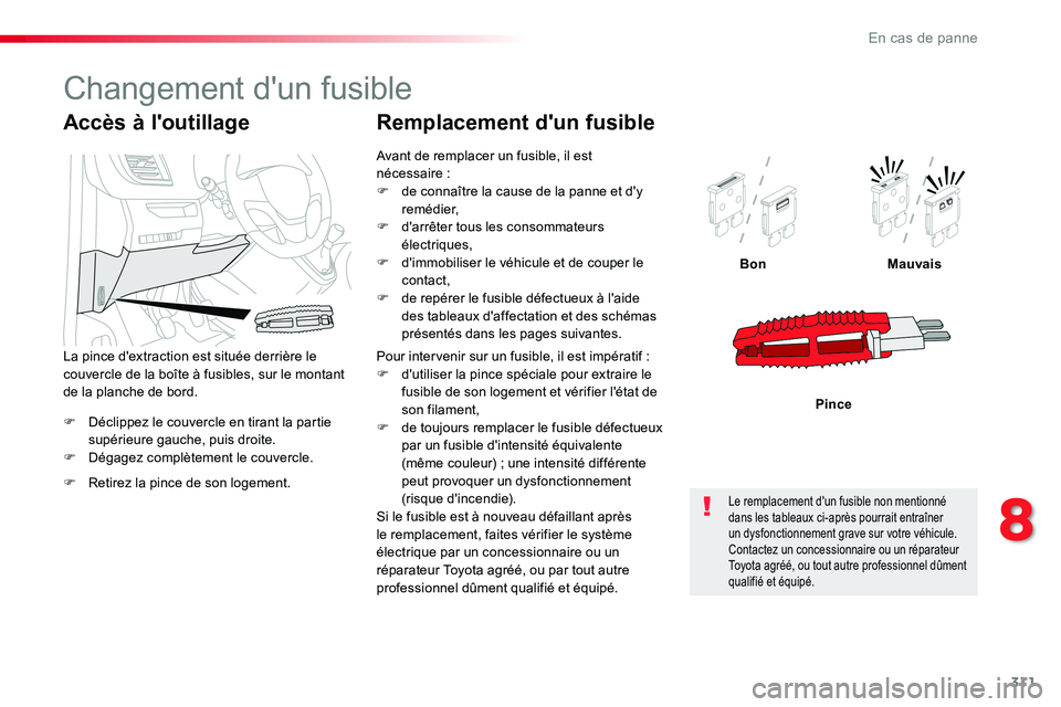TOYOTA PROACE VERSO 2018  Notices Demploi (in French) 311
F Déclippez le couvercle en tirant la partie supérieure gauche, puis droite.F Dégagez complètement le couvercle.
BonMauvais
Pince
Accès à l'outillage
F Retirez la pince de son logement.
