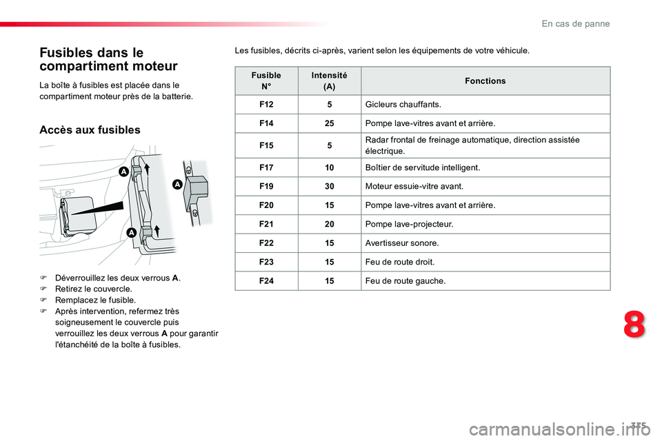 TOYOTA PROACE VERSO 2018  Notices Demploi (in French) 315
Fusibles dans le 
compartiment moteur
F Déverrouillez les deux verrous A.F Retirez le couvercle.F Remplacez le fusible.F Après intervention, refermez très soigneusement le couvercle puis verrou