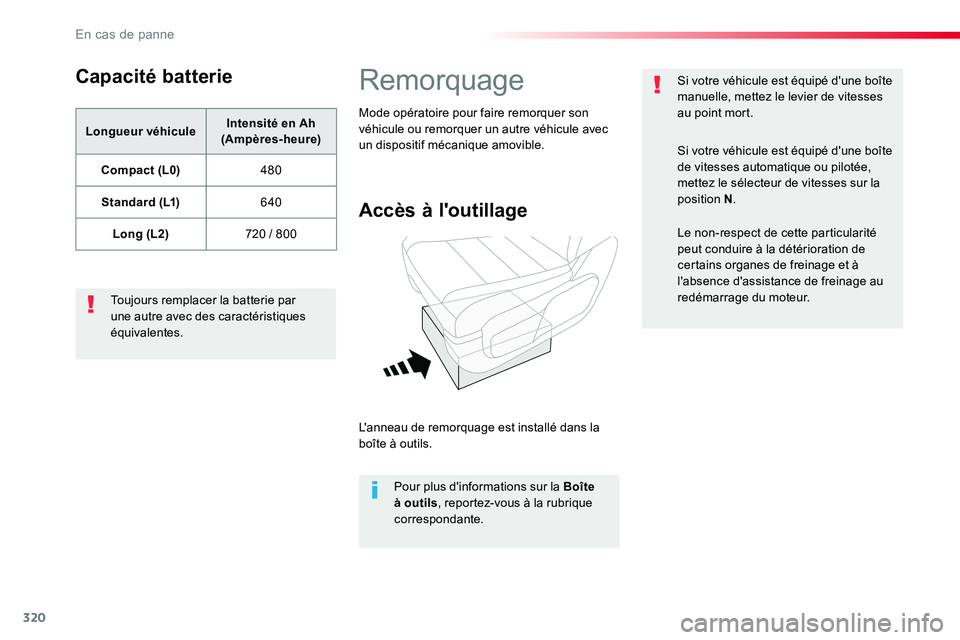TOYOTA PROACE VERSO 2018  Notices Demploi (in French) 320
Capacité batterie
Longueur véhiculeIntensité en Ah (Ampères-heure)
Compact (L0)480
Standard (L1)640
Long (L2)720 / 800
Toujours remplacer la batterie par une autre avec des caractéristiques �