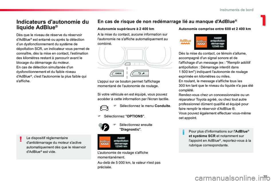 TOYOTA PROACE VERSO 2018 Notices Demploi (in French) 33
Indicateurs d'autonomie du
liquide AdBlue®
Dès que le niveau de réserve du réservoir d'AdBlue® est entamé ou après la détection d’un dysfonctionnement du système de dépollution TOYOTA PROACE VERSO 2018 Notices Demploi (in French) 33
Indicateurs d'autonomie du
liquide AdBlue®
Dès que le niveau de réserve du réservoir d'AdBlue® est entamé ou après la détection d’un dysfonctionnement du système de dépollution