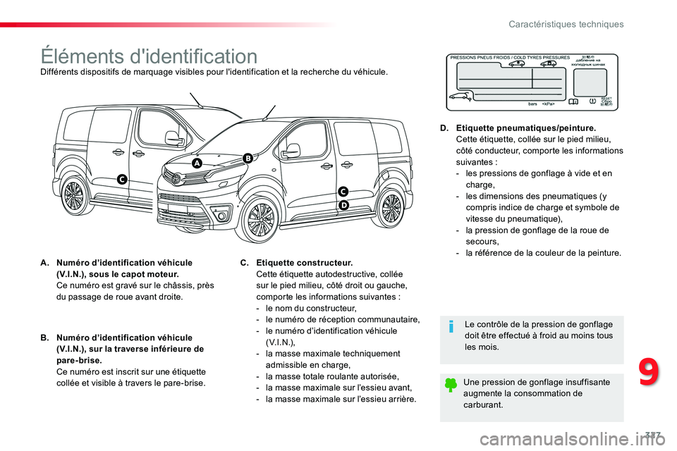 TOYOTA PROACE VERSO 2018  Notices Demploi (in French) 327
Éléments d'identificationDifférents dispositifs de marquage visibles pour l'identification et la recherche du véhicule.
A. Numéro d’identification véhicule (V.I.N.), sous le capot 