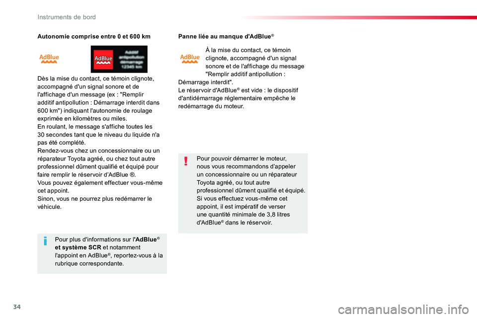TOYOTA PROACE VERSO 2018 Notices Demploi (in French) 34
Autonomie comprise entre 0 et 600 km
Dès la mise du contact, ce témoin clignote, accompagné d'un signal sonore et de l'affichage d'un message (ex : "Remplir additif antipollution TOYOTA PROACE VERSO 2018 Notices Demploi (in French) 34
Autonomie comprise entre 0 et 600 km
Dès la mise du contact, ce témoin clignote, accompagné d'un signal sonore et de l'affichage d'un message (ex : "Remplir additif antipollution