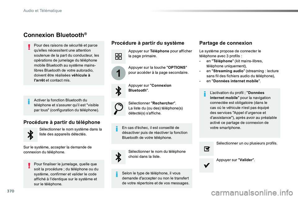 TOYOTA PROACE VERSO 2018  Notices Demploi (in French) 370
1
Connexion Bluetooth®
Procédure à partir du systèmePartage de connexion
Appuyer sur Téléphone pour afficher la page primaire.
Appuyer sur "Connexion Bluetooth".
Sélectionner "R