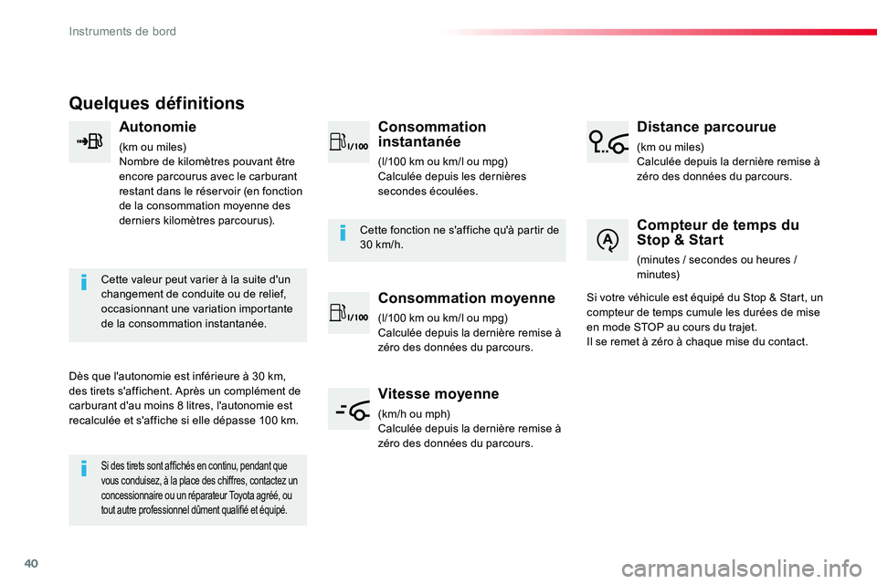 TOYOTA PROACE VERSO 2018 Notices Demploi (in French) 40
Quelques définitions
Autonomie
(km ou miles)Nombre de kilomètres pouvant être encore parcourus avec le carburant restant dans le réservoir (en fonction de la consommation moyenne des derniers k TOYOTA PROACE VERSO 2018 Notices Demploi (in French) 40
Quelques définitions
Autonomie
(km ou miles)Nombre de kilomètres pouvant être encore parcourus avec le carburant restant dans le réservoir (en fonction de la consommation moyenne des derniers k