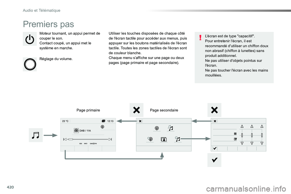TOYOTA PROACE VERSO 2018 Notices Demploi (in French) 420
Premiers pas
Moteur tournant, un appui permet de couper le son.Contact coupé, un appui met le système en marche.
Réglage du volume.
Utiliser les touches disposées de chaque côté de l'éc TOYOTA PROACE VERSO 2018 Notices Demploi (in French) 420
Premiers pas
Moteur tournant, un appui permet de couper le son.Contact coupé, un appui met le système en marche.
Réglage du volume.
Utiliser les touches disposées de chaque côté de l'éc