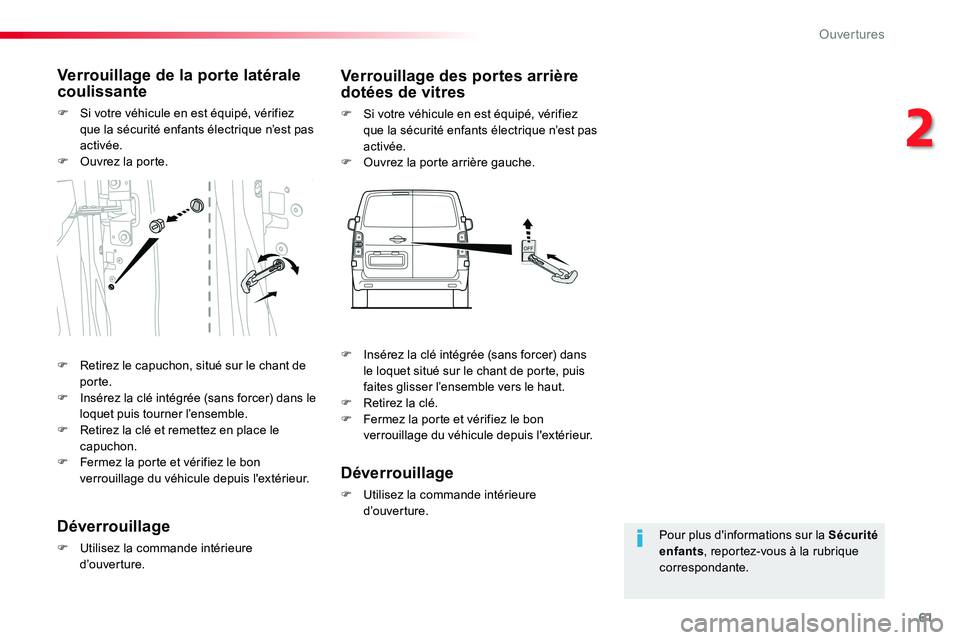 TOYOTA PROACE VERSO 2018 Notices Demploi (in French) 61
Pour plus d'informations sur la Sécurité enfants, reportez-vous à la rubrique correspondante.
Verrouillage de la porte latérale coulissante
F Si votre véhicule en est équipé, vérifiez q TOYOTA PROACE VERSO 2018 Notices Demploi (in French) 61
Pour plus d'informations sur la Sécurité enfants, reportez-vous à la rubrique correspondante.
Verrouillage de la porte latérale coulissante
F Si votre véhicule en est équipé, vérifiez q