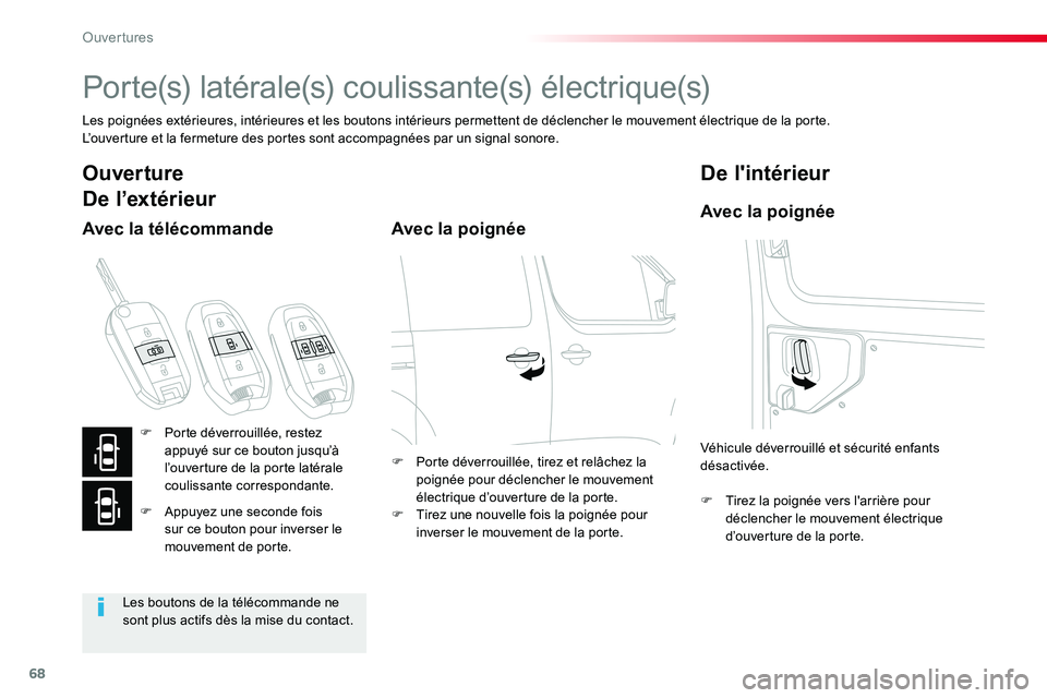 TOYOTA PROACE VERSO 2018 Notices Demploi (in French) 68
Porte(s) latérale(s) coulissante(s) électrique(s)
Les poignées extérieures, intérieures et les boutons intérieurs permettent de déclencher le mouvement électrique de la porte.L’ouverture TOYOTA PROACE VERSO 2018 Notices Demploi (in French) 68
Porte(s) latérale(s) coulissante(s) électrique(s)
Les poignées extérieures, intérieures et les boutons intérieurs permettent de déclencher le mouvement électrique de la porte.L’ouverture