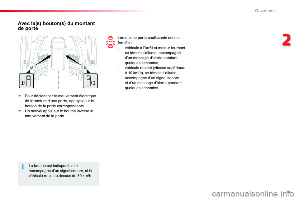 TOYOTA PROACE VERSO 2018 Notices Demploi (in French) 71
F Pour déclencher le mouvement électrique de fermeture d’une porte, appuyez sur le bouton de la porte correspondante.F Un nouvel appui sur le bouton inverse le mouvement de la porte.
Avec le(s) TOYOTA PROACE VERSO 2018 Notices Demploi (in French) 71
F Pour déclencher le mouvement électrique de fermeture d’une porte, appuyez sur le bouton de la porte correspondante.F Un nouvel appui sur le bouton inverse le mouvement de la porte.
Avec le(s)