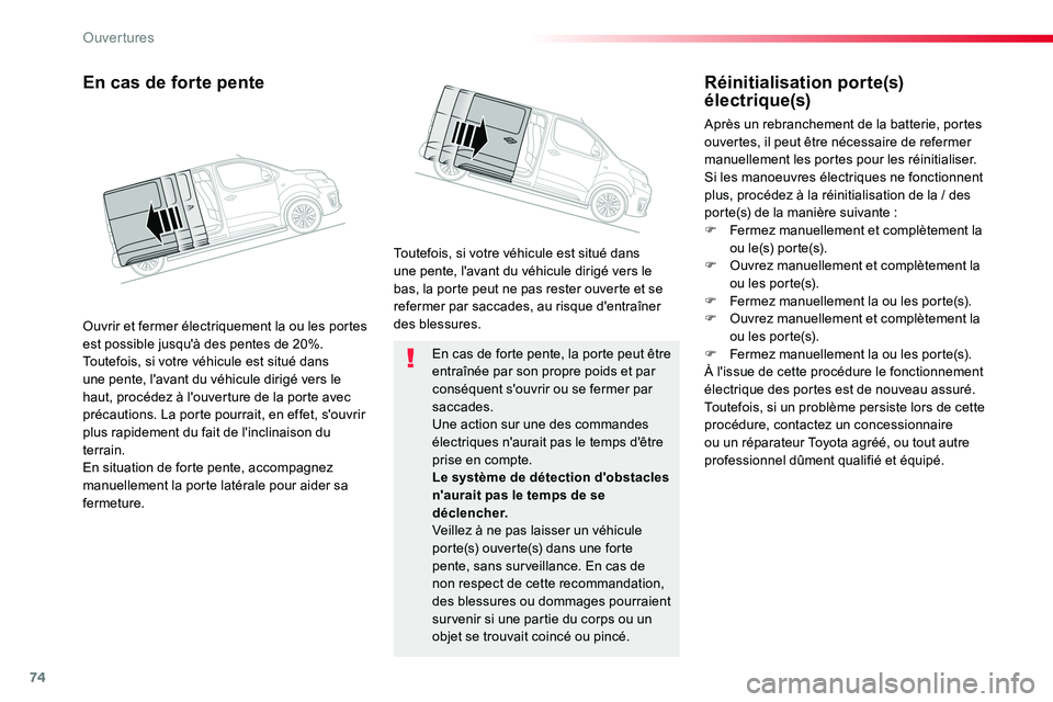 TOYOTA PROACE VERSO 2018 Notices Demploi (in French) 74
En cas de forte pente, la porte peut être entraînée par son propre poids et par conséquent s'ouvrir ou se fermer par saccades.Une action sur une des commandes électriques n'aurait pas TOYOTA PROACE VERSO 2018 Notices Demploi (in French) 74
En cas de forte pente, la porte peut être entraînée par son propre poids et par conséquent s'ouvrir ou se fermer par saccades.Une action sur une des commandes électriques n'aurait pas