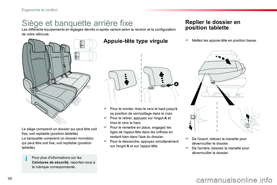 TOYOTA PROACE VERSO 2018 Notices Demploi (in French) 98
Replier le dossier en
position tablette
F Mettez les appuie-tête en position basse.
F Pour le monter, tirez-le vers le haut jusqu'à sa position de verrouillage dans le cran.F Pour le retirer TOYOTA PROACE VERSO 2018 Notices Demploi (in French) 98
Replier le dossier en
position tablette
F Mettez les appuie-tête en position basse.
F Pour le monter, tirez-le vers le haut jusqu'à sa position de verrouillage dans le cran.F Pour le retirer