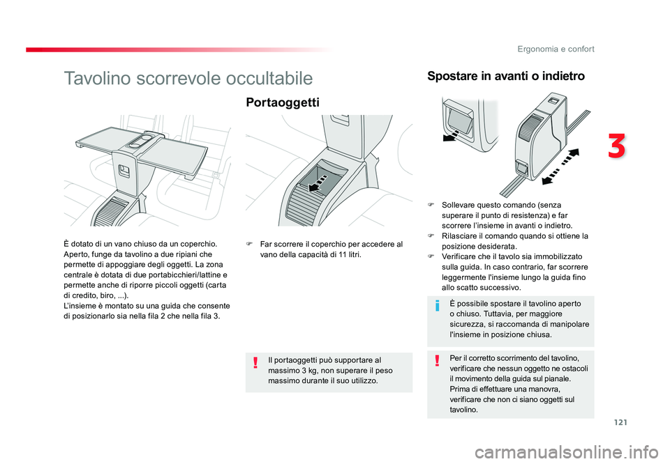 TOYOTA PROACE VERSO 2018  Manuale duso (in Italian) 121
3
Ergonomia e confort
Spacetourer-VP_it_Chap03_ergonomie-et-confort_ed01-2016
Tavolino scorrevole occultabile
Portaoggetti
Per il corretto scorrimento del tavolino, 
verificare che nessun oggetto 