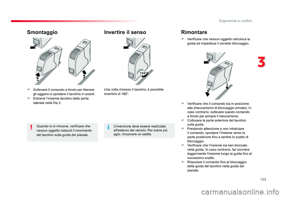 TOYOTA PROACE VERSO 2018  Manuale duso (in Italian) 123
3
Ergonomia e confort
Spacetourer-VP_it_Chap03_ergonomie-et-confort_ed01-2016
F  Sollevare il comando a fondo per liberare gli agganci e spostare il tavolino in avanti.
F  Estrarre l’insieme tav