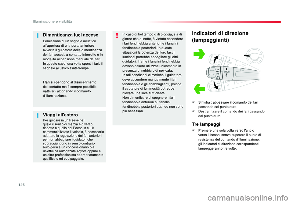 TOYOTA PROACE VERSO 2018  Manuale duso (in Italian) 146
Illuminazione e visibilità
Spacetourer-VP_it_Chap04_eclairage-et-visibilite_ed01-2016
Indicatori di direzione
(lampeggianti)
F  Sinistra : abbassare il comando dei fari 
passando dal punto duro.
