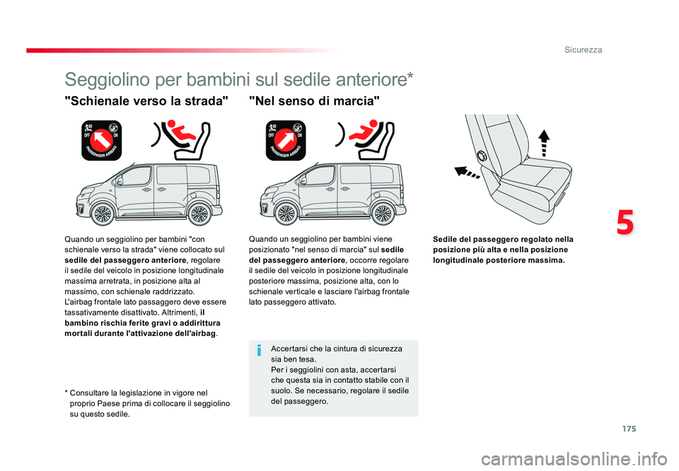 TOYOTA PROACE VERSO 2018  Manuale duso (in Italian) 175
5
Sicurezza
Spacetourer-VP_it_Chap05_securite_ed01-2016
Sedile del passeggero regolato nella 
posizione più alta e nella posizione 
longitudinale posteriore massima.
"Schienale verso la strad