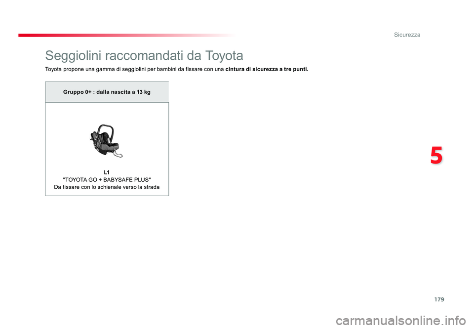 TOYOTA PROACE VERSO 2018  Manuale duso (in Italian) 179
5
Sicurezza
Spacetourer-VP_it_Chap05_securite_ed01-2016
Seggiolini raccomandati da Toyota
Toyota propone una gamma di seggiolini per bambini da fissare con una cintura di sicurezza a tre punti.
Gr