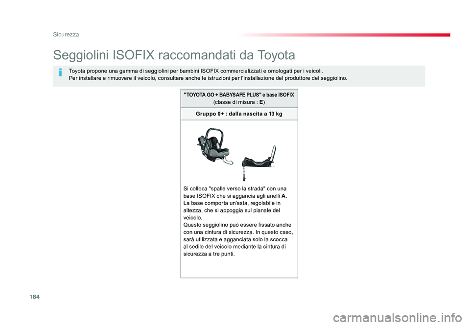 TOYOTA PROACE VERSO 2018 Manuale duso (in Italian) 184
Sicurezza
Spacetourer-VP_it_Chap05_securite_ed01-2016
Seggiolini ISOFIX raccomandati da Toyota
Toyota propone una gamma di seggiolini per bambini ISOFIX commercializzati e omologati per i veicoli. TOYOTA PROACE VERSO 2018 Manuale duso (in Italian) 184
Sicurezza
Spacetourer-VP_it_Chap05_securite_ed01-2016
Seggiolini ISOFIX raccomandati da Toyota
Toyota propone una gamma di seggiolini per bambini ISOFIX commercializzati e omologati per i veicoli.