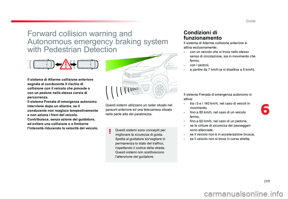 TOYOTA PROACE VERSO 2018 Manuale duso (in Italian) 239
6
Guida
Spacetourer-VP_it_Chap06_conduite_ed01-2016
Forward collision warning and
Autonomous emergency braking system
with Pedestrian DetectionCondizioni di
funzionamento
Il sistema Frenata di TOYOTA PROACE VERSO 2018 Manuale duso (in Italian) 239
6
Guida
Spacetourer-VP_it_Chap06_conduite_ed01-2016
Forward collision warning and
Autonomous emergency braking system
with Pedestrian DetectionCondizioni di
funzionamento
Il sistema Frenata di