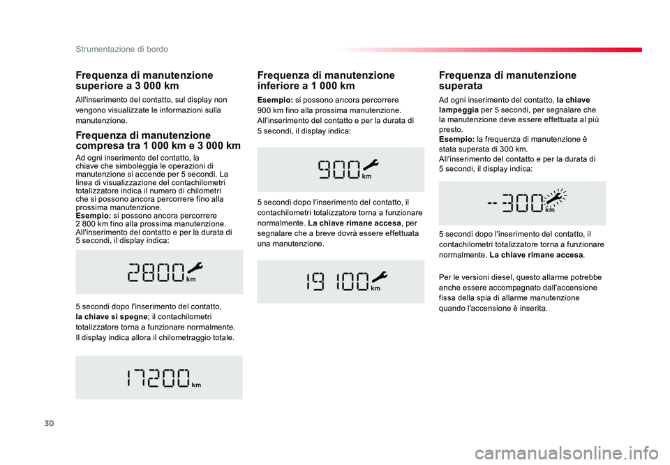 TOYOTA PROACE VERSO 2018  Manuale duso (in Italian) 30
Strumentazione di bordo
Spacetourer-VP_it_Chap01_instruments-de-bord_ed01-2016
Frequenza di manutenzione 
compresa tra 1 000 km e 3  000 km
Ad ogni inserimento del contatto, la 
chiave che simboleg