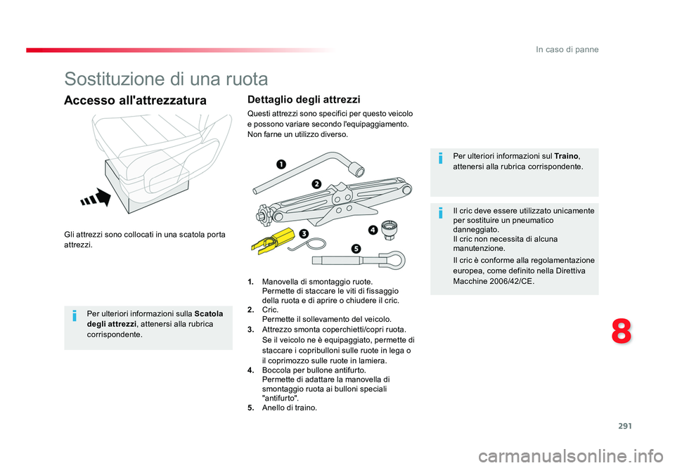 TOYOTA PROACE VERSO 2018 Manuale duso (in Italian) 291
8
In caso di panne
Spacetourer-VP_it_Chap08_En-cas-de-panne_ed01-2016
Sostituzione di una ruota
Gli attrezzi sono collocati in una scatola porta
attrezzi.
Accesso all'attrezzatura
1. Manovel TOYOTA PROACE VERSO 2018 Manuale duso (in Italian) 291
8
In caso di panne
Spacetourer-VP_it_Chap08_En-cas-de-panne_ed01-2016
Sostituzione di una ruota
Gli attrezzi sono collocati in una scatola porta
attrezzi.
Accesso all'attrezzatura
1. Manovel