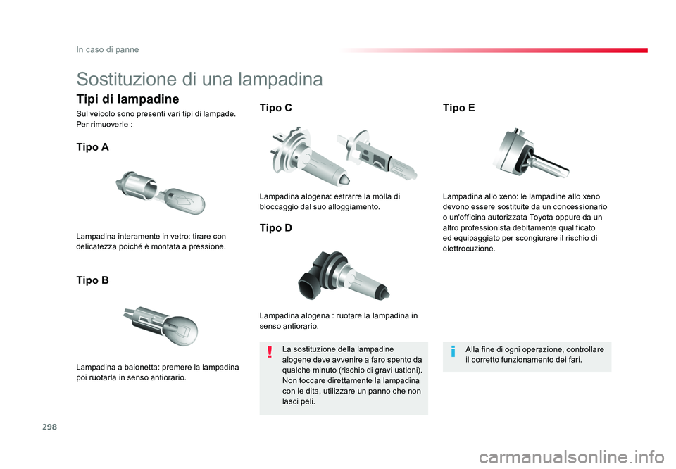 TOYOTA PROACE VERSO 2018 Manuale duso (in Italian) 298
In caso di panne
Spacetourer-VP_it_Chap08_En-cas-de-panne_ed01-2016
Sostituzione di una lampadina
Lampadina alogena : ruotare la lampadina in
senso antiorario.
Tipo A
Lampadina a baionetta: preme TOYOTA PROACE VERSO 2018 Manuale duso (in Italian) 298
In caso di panne
Spacetourer-VP_it_Chap08_En-cas-de-panne_ed01-2016
Sostituzione di una lampadina
Lampadina alogena : ruotare la lampadina in
senso antiorario.
Tipo A
Lampadina a baionetta: preme