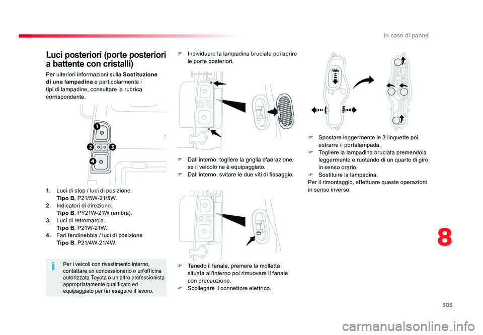 TOYOTA PROACE VERSO 2018 Manuale duso (in Italian) 305
8
In caso di panne
Spacetourer-VP_it_Chap08_En-cas-de-panne_ed01-2016
Luci posteriori (porte posteriori
a battente con cristalli)
Per ulteriori informazioni sulla Sostituzione
di una lampadina TOYOTA PROACE VERSO 2018 Manuale duso (in Italian) 305
8
In caso di panne
Spacetourer-VP_it_Chap08_En-cas-de-panne_ed01-2016
Luci posteriori (porte posteriori
a battente con cristalli)
Per ulteriori informazioni sulla Sostituzione
di una lampadina