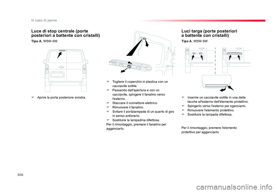 TOYOTA PROACE VERSO 2018 Manuale duso (in Italian) 306
In caso di panne
Spacetourer-VP_it_Chap08_En-cas-de-panne_ed01-2016
Luci targa (porte posteriori
a battente con cristalli)
Tipo A, W5W-5W
F Togliere il coperchio in plastica con un cacciavite TOYOTA PROACE VERSO 2018 Manuale duso (in Italian) 306
In caso di panne
Spacetourer-VP_it_Chap08_En-cas-de-panne_ed01-2016
Luci targa (porte posteriori
a battente con cristalli)
Tipo A, W5W-5W
F Togliere il coperchio in plastica con un cacciavite