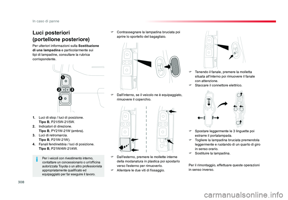 TOYOTA PROACE VERSO 2018 Manuale duso (in Italian) 308
In caso di panne
Spacetourer-VP_it_Chap08_En-cas-de-panne_ed01-2016
Luci posteriori
(portellone posteriore)
Per ulteriori informazioni sulla Sostituzione
di una lampadina e particolarmente sui TOYOTA PROACE VERSO 2018 Manuale duso (in Italian) 308
In caso di panne
Spacetourer-VP_it_Chap08_En-cas-de-panne_ed01-2016
Luci posteriori
(portellone posteriore)
Per ulteriori informazioni sulla Sostituzione
di una lampadina e particolarmente sui