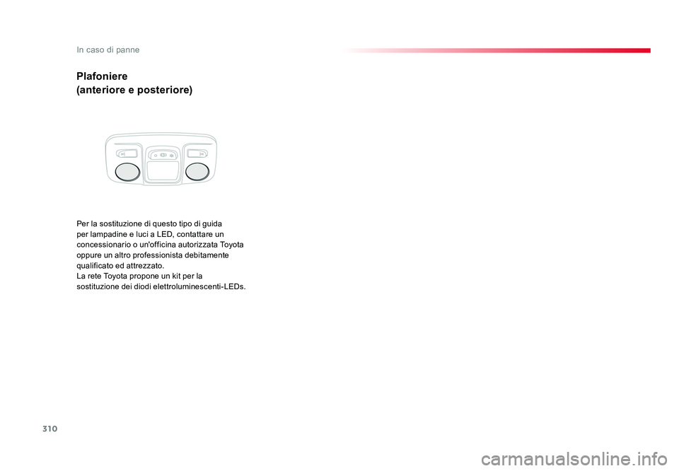 TOYOTA PROACE VERSO 2018 Manuale duso (in Italian) 310
In caso di panne
Spacetourer-VP_it_Chap08_En-cas-de-panne_ed01-2016
Plafoniere
(anteriore e posteriore)
Per la sostituzione di questo tipo di guida
per lampadine e luci a LED, contattare un
conc TOYOTA PROACE VERSO 2018 Manuale duso (in Italian) 310
In caso di panne
Spacetourer-VP_it_Chap08_En-cas-de-panne_ed01-2016
Plafoniere
(anteriore e posteriore)
Per la sostituzione di questo tipo di guida
per lampadine e luci a LED, contattare un
conc