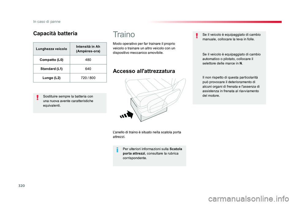 TOYOTA PROACE VERSO 2018 Manuale duso (in Italian) 320
In caso di panne
Spacetourer-VP_it_Chap08_En-cas-de-panne_ed01-2016
Capacità batteria
Lunghezza veicoloIntensità in Ah
(Ampères-ora)
Compatto (L0) 480
Standard (L1) 640
Lungo (L2) 720 / 800
So TOYOTA PROACE VERSO 2018 Manuale duso (in Italian) 320
In caso di panne
Spacetourer-VP_it_Chap08_En-cas-de-panne_ed01-2016
Capacità batteria
Lunghezza veicoloIntensità in Ah
(Ampères-ora)
Compatto (L0) 480
Standard (L1) 640
Lungo (L2) 720 / 800
So