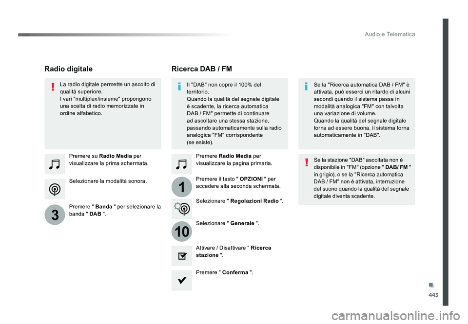 TOYOTA PROACE VERSO 2018 Manuale duso (in Italian) .
443
1
10
3
Audio e Telematica
Spacetourer-VP_it_Chap10c_RCC-1_ed01-2016
Selezionare la modalità sonora. Premere su Radio Media per
visualizzare la prima schermata.
Premere " Banda " per s TOYOTA PROACE VERSO 2018 Manuale duso (in Italian) .
443
1
10
3
Audio e Telematica
Spacetourer-VP_it_Chap10c_RCC-1_ed01-2016
Selezionare la modalità sonora. Premere su Radio Media per
visualizzare la prima schermata.
Premere " Banda " per s