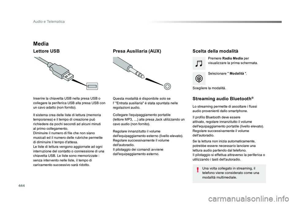 TOYOTA PROACE VERSO 2018 Manuale duso (in Italian) 444
Audio e Telematica
Spacetourer-VP_it_Chap10c_RCC-1_ed01-2016
Media
Lettore USBScelta della modalità
Selezionare " Modalità ".
Premere Radio Media
per
visualizzare la prima schermata.
I TOYOTA PROACE VERSO 2018 Manuale duso (in Italian) 444
Audio e Telematica
Spacetourer-VP_it_Chap10c_RCC-1_ed01-2016
Media
Lettore USBScelta della modalità
Selezionare " Modalità ".
Premere Radio Media
per
visualizzare la prima schermata.
I
