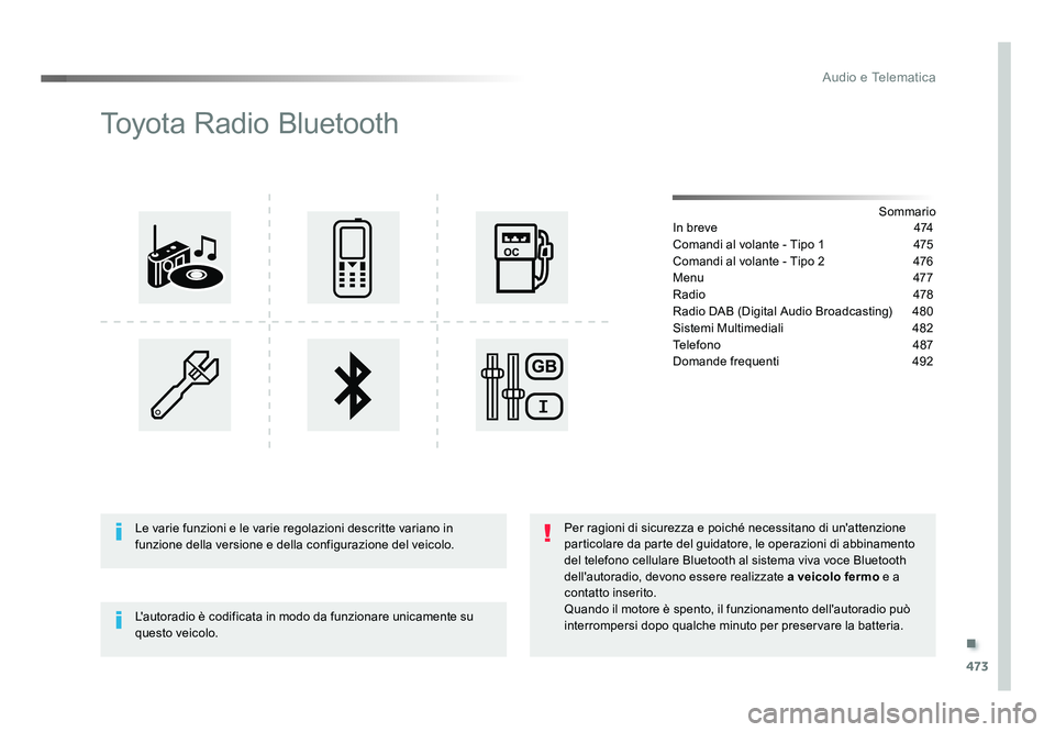 TOYOTA PROACE VERSO 2018  Manuale duso (in Italian) .
473
Audio e Telematica
Spacetourer-VP_it_Chap10d_RD6_ed01-2016
Toyota Radio Bluetooth
Sommario
In breve   474
Comandi al volante - Tipo 1  475
Comandi al volante - Tipo 2  476
Menu   477
Radio   478