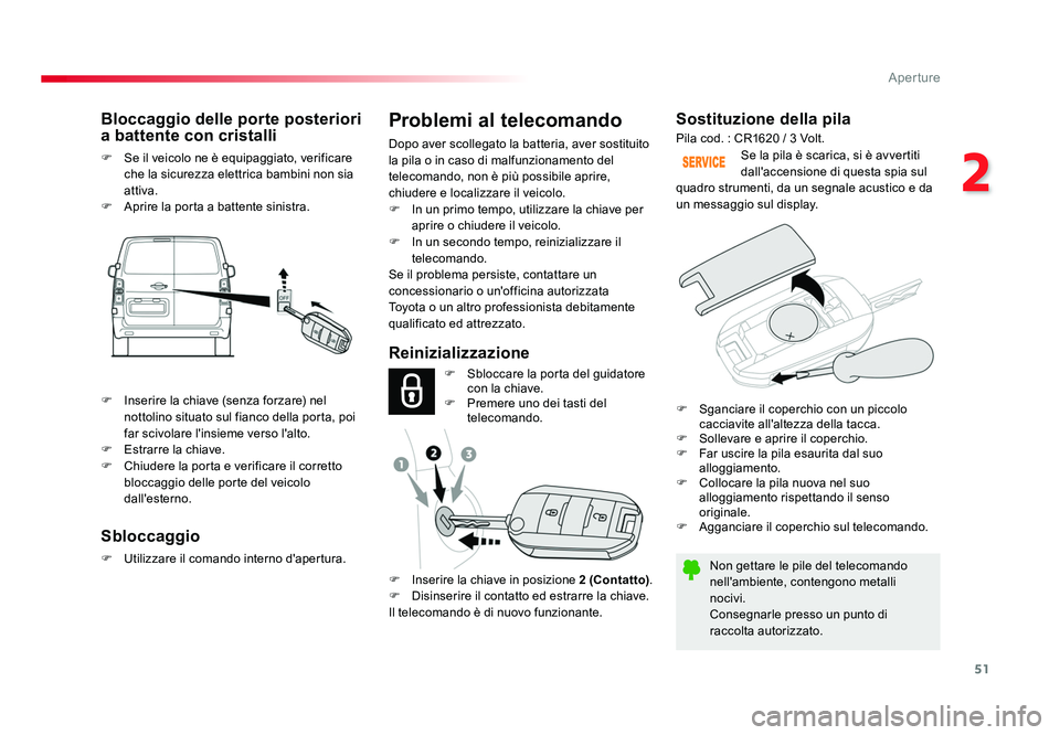 TOYOTA PROACE VERSO 2018  Manuale duso (in Italian) 51
2
Aperture
Spacetourer-VP_it_Chap02_ouvertures_ed01-2016
Sostituzione della pila
Non gettare le pile del telecomando 
nell'ambiente, contengono metalli 
nocivi.
Consegnarle presso un punto di 
