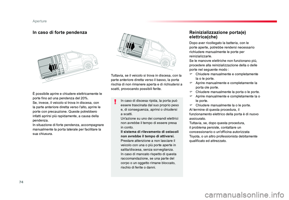 TOYOTA PROACE VERSO 2018 Manuale duso (in Italian) 74
Aperture
Spacetourer-VP_it_Chap02_ouvertures_ed01-2016
In caso di discesa ripida, la porta può
essere trascinata dal suo proprio peso
e, di conseguenza, aprirsi o chiudersi
a scatti.
Un'azi TOYOTA PROACE VERSO 2018 Manuale duso (in Italian) 74
Aperture
Spacetourer-VP_it_Chap02_ouvertures_ed01-2016
In caso di discesa ripida, la porta può
essere trascinata dal suo proprio peso
e, di conseguenza, aprirsi o chiudersi
a scatti.
Un'azi