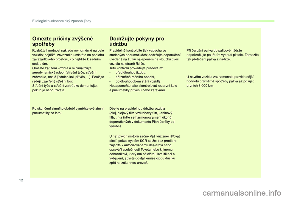 TOYOTA PROACE VERSO 2018  Návod na použití (in Czech) 12
Ekologicko-ekonomický způsob jízdy
Spacetourer-VP_cs_Chap00c_eco-conduite_ed01-2016
Omezte příčiny zvýšené 
spotřeby
Rozložte hmotnost nákladu rovnoměrně na celé 
vozidlo; nejtěžš