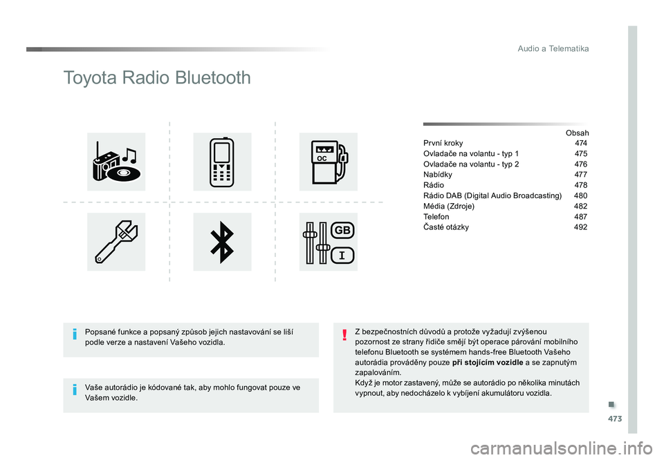 TOYOTA PROACE VERSO 2018 Návod na použití (in Czech) .
473
Audio a Telematika
Spacetourer-VP_cs_Chap10d_RD6_ed01-2016
Toyota Radio Bluetooth
Obsah
První kroky 474
Ovladače na volantu - typ 1 475
Ovladače na volantu - typ 2 476
Nabídky 477
Rád TOYOTA PROACE VERSO 2018 Návod na použití (in Czech) .
473
Audio a Telematika
Spacetourer-VP_cs_Chap10d_RD6_ed01-2016
Toyota Radio Bluetooth
Obsah
První kroky 474
Ovladače na volantu - typ 1 475
Ovladače na volantu - typ 2 476
Nabídky 477
Rád