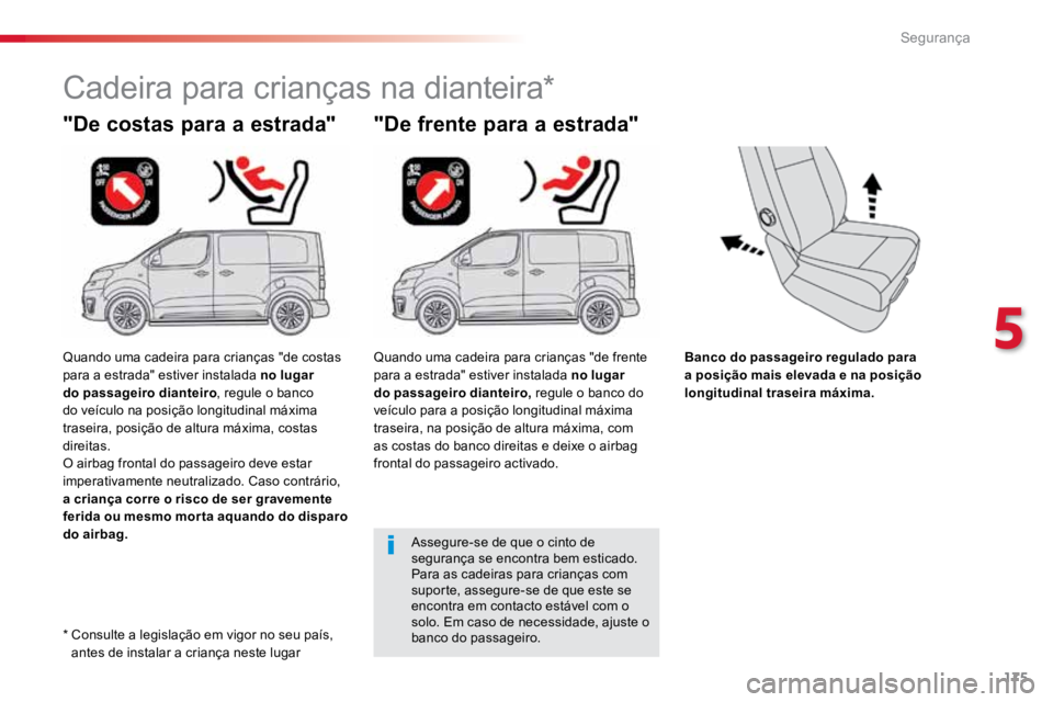 TOYOTA PROACE VERSO 2018 Manual de utilização (in Portuguese) 175
ProaceVerso_pt_Chap05_securite_ed01-2016
Banco do passageiro regulado para
a posição mais elevada e na posição
longitudinal traseira máxima.
"De costas para a estrada"
Cadeira para TOYOTA PROACE VERSO 2018 Manual de utilização (in Portuguese) 175
ProaceVerso_pt_Chap05_securite_ed01-2016
Banco do passageiro regulado para
a posição mais elevada e na posição
longitudinal traseira máxima.
"De costas para a estrada"
Cadeira para