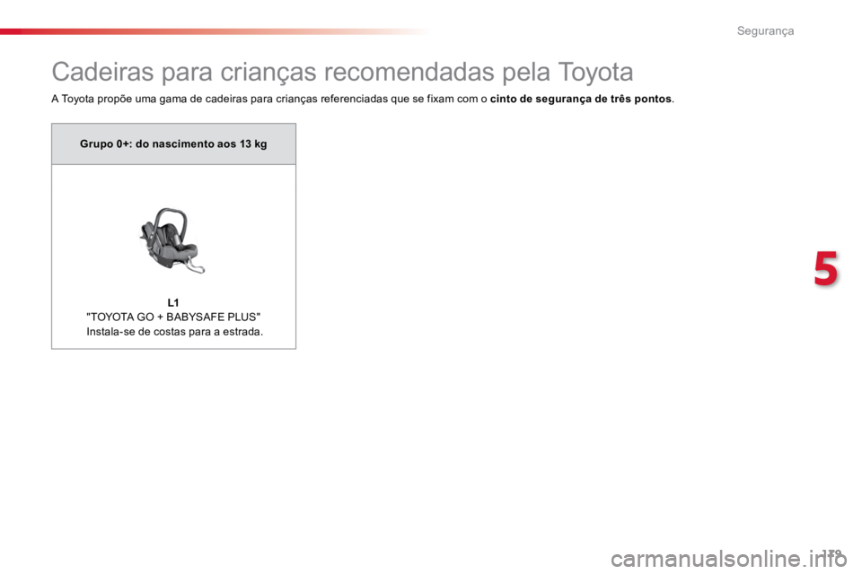 TOYOTA PROACE VERSO 2018 Manual de utilização (in Portuguese) 179
ProaceVerso_pt_Chap05_securite_ed01-2016
Cadeiras para crianças recomendadas pela Toyota
A Toyota propõe uma gama de cadeiras para crianças referenciadas que se fixam com o cinto de segurança TOYOTA PROACE VERSO 2018 Manual de utilização (in Portuguese) 179
ProaceVerso_pt_Chap05_securite_ed01-2016
Cadeiras para crianças recomendadas pela Toyota
A Toyota propõe uma gama de cadeiras para crianças referenciadas que se fixam com o cinto de segurança
