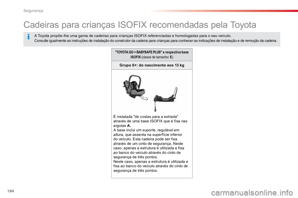 TOYOTA PROACE VERSO 2018 Manual de utilização (in Portuguese) 184
ProaceVerso_pt_Chap05_securite_ed01-2016
Cadeiras para crianças ISOFIX recomendadas pela Toyota
A Toyota propõe-lhe uma gama de cadeiras para crianças ISOFIX referenciadas e homologadas para o TOYOTA PROACE VERSO 2018 Manual de utilização (in Portuguese) 184
ProaceVerso_pt_Chap05_securite_ed01-2016
Cadeiras para crianças ISOFIX recomendadas pela Toyota
A Toyota propõe-lhe uma gama de cadeiras para crianças ISOFIX referenciadas e homologadas para o