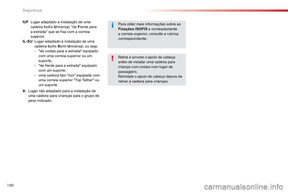 TOYOTA PROACE VERSO 2018 Manual de utilização (in Portuguese) 188
ProaceVerso_pt_Chap05_securite_ed01-2016
IUF Lugar adaptado à instalação de uma
cadeira I sofix Universal, "de F rente para
a estrada" que se fixa com a correia
superior.
IL- SU TOYOTA PROACE VERSO 2018 Manual de utilização (in Portuguese) 188
ProaceVerso_pt_Chap05_securite_ed01-2016
IUF Lugar adaptado à instalação de uma
cadeira I sofix Universal, "de F rente para
a estrada" que se fixa com a correia
superior.
IL- SU