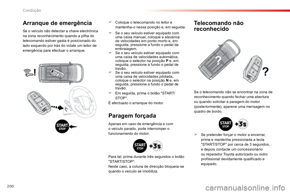 TOYOTA PROACE VERSO 2018 Manual de utilização (in Portuguese) 200
ProaceVerso_pt_Chap06_conduite_ed01-2016
Arranque de emergência
Se o veículo não detectar a chave electrónica
na zona reconhecimento quando a pilha do
telecomando estiver gasta é posicionad TOYOTA PROACE VERSO 2018 Manual de utilização (in Portuguese) 200
ProaceVerso_pt_Chap06_conduite_ed01-2016
Arranque de emergência
Se o veículo não detectar a chave electrónica
na zona reconhecimento quando a pilha do
telecomando estiver gasta é posicionad