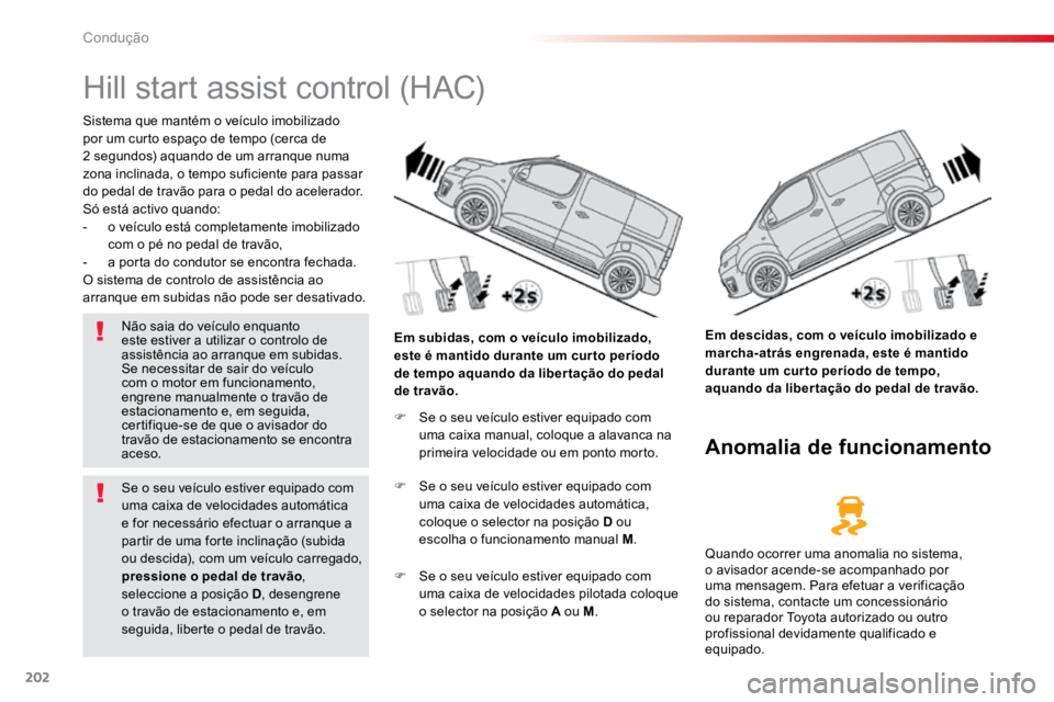 TOYOTA PROACE VERSO 2018 Manual de utilização (in Portuguese) 202
ProaceVerso_pt_Chap06_conduite_ed01-2016
Hill start assist control (HAC)
Sistema que mantém o veÃculo imobilizado
por um curto espaço de tempo (cerca de
2 segundos) aquando de um arranque num TOYOTA PROACE VERSO 2018 Manual de utilização (in Portuguese) 202
ProaceVerso_pt_Chap06_conduite_ed01-2016
Hill start assist control (HAC)
Sistema que mantém o veÃculo imobilizado
por um curto espaço de tempo (cerca de
2 segundos) aquando de um arranque num