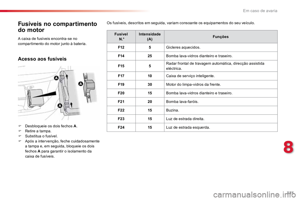 TOYOTA PROACE VERSO 2018 Manual de utilização (in Portuguese) 315
ProaceVerso_pt_Chap08_En-cas-de-panne_ed01-2016
FusÃveis no compartimento
do motor
F Desbloqueie os dois fechos A .
F Retire a tampa.
F Substitua o fusÃvel.
F Após a intervenção, feche cu TOYOTA PROACE VERSO 2018 Manual de utilização (in Portuguese) 315
ProaceVerso_pt_Chap08_En-cas-de-panne_ed01-2016
FusÃveis no compartimento
do motor
F Desbloqueie os dois fechos A .
F Retire a tampa.
F Substitua o fusÃvel.
F Após a intervenção, feche cu