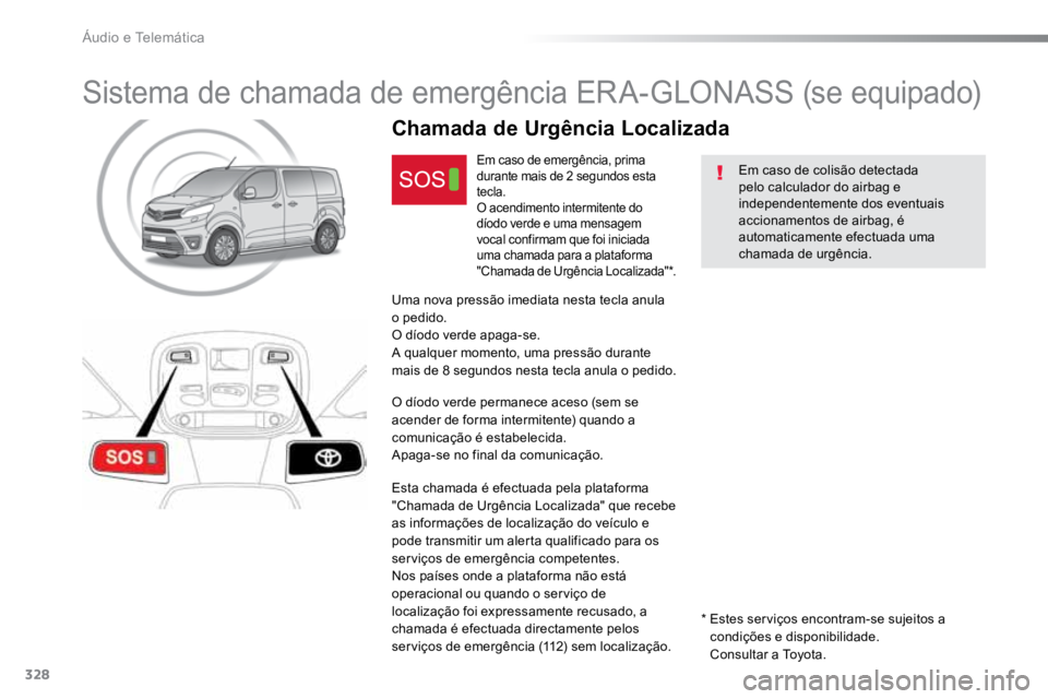 TOYOTA PROACE VERSO 2018 Manual de utilização (in Portuguese) 328
ProaceVerso_pt_Chap10a_BTA_ed01-2016
Sistema de chamada de emergência ERA-GLONASS (se equipado)
Em caso de colisão detectada
pelo calculador do airbag e
independentemente dos eventuais
accion TOYOTA PROACE VERSO 2018 Manual de utilização (in Portuguese) 328
ProaceVerso_pt_Chap10a_BTA_ed01-2016
Sistema de chamada de emergência ERA-GLONASS (se equipado)
Em caso de colisão detectada
pelo calculador do airbag e
independentemente dos eventuais
accion